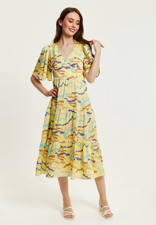 Liquorish Women's Midi Dress In Yellow With Kimono Sleeves And Abstract Zebra Print - Liquorish