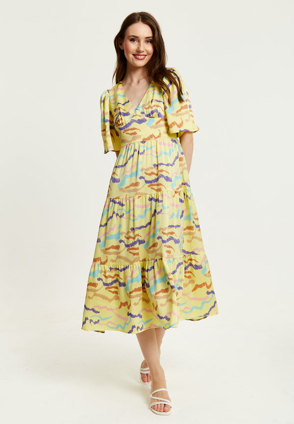 Liquorish Women's Midi Dress In Yellow With Kimono Sleeves And Abstract Zebra Print - Liquorish
