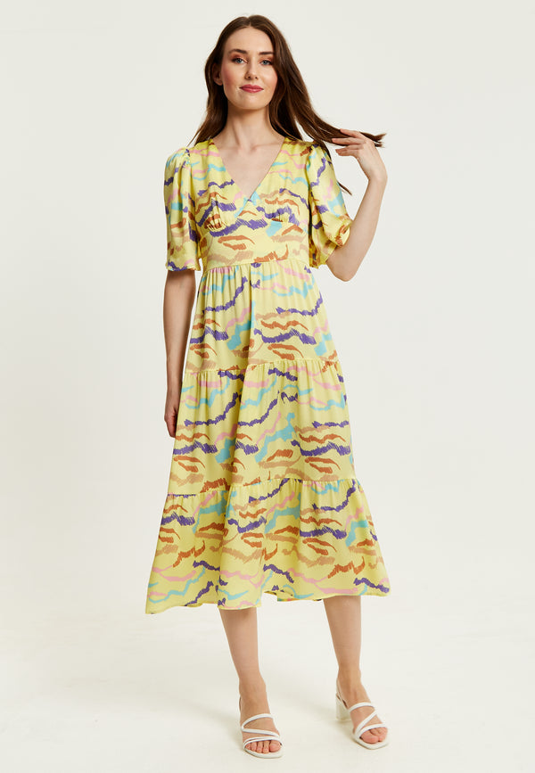 Liquorish Women's Midi Dress In Yellow With Kimono Sleeves And Abstract Zebra Print - Liquorish