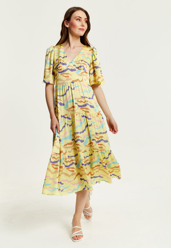 Liquorish Women's Midi Dress in Yellow with Kimono Sleeves and Abstract Zebra Print - Liquorish