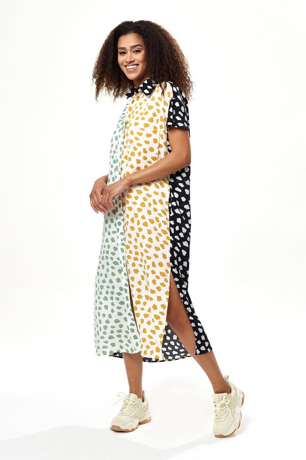 Liquorish Women’s Midi Dress Oversized Animal Print Shirt Dress With Black Collar Short Sleeves Button-Up Front Chic And Comfortable Fashion