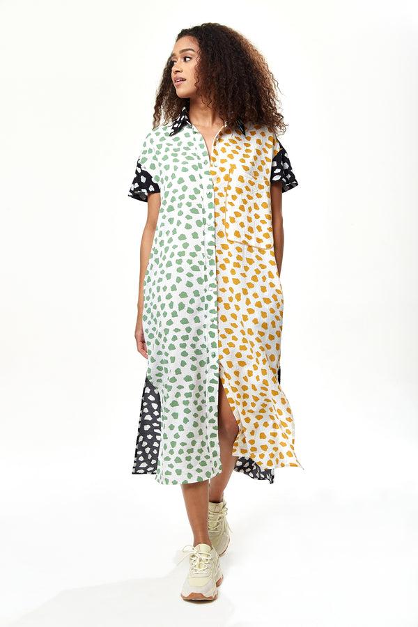 Liquorish Women’s Midi Dress Oversized Animal Print Shirt Dress with Black Collar Short Sleeves Button-Up Front Chic and Comfortable Fashion