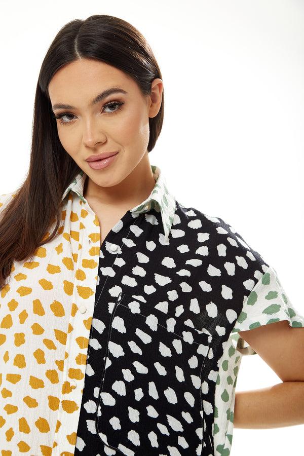 Liquorish Women’s Midi Dress Oversized Animal Print With Green Collar Button-Up Front Short Sleeves