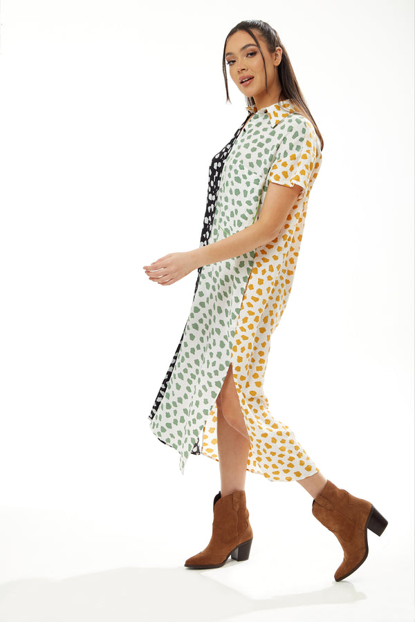 Liquorish Women's Midi Dress - Oversized Animal Print With Vibrant Yellow Collar And Short Sleeves