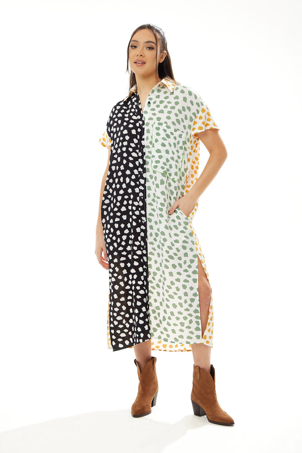 Liquorish Women's Midi Dress - Oversized Animal Print with Vibrant Yellow Collar and Short Sleeves