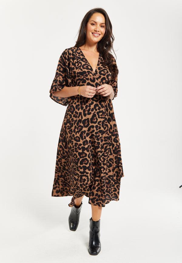 Liquorish Women's Midi Dress Short Sleeves Leopard Print Elegant Design