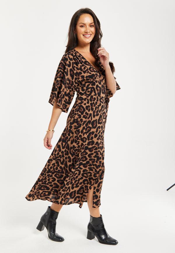 Liquorish Women's Midi Dress Short Sleeves Leopard Print Elegant Design