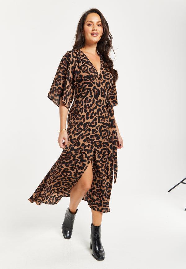 Liquorish Women's Midi Dress Short Sleeves Leopard Print Elegant Design