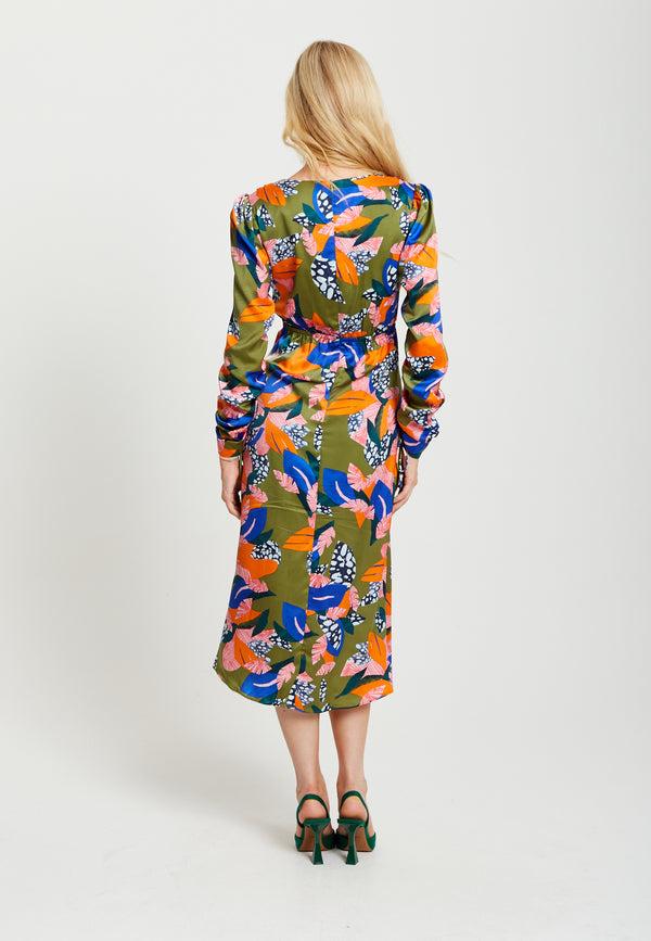 Liquorish Women's Midi Dress With Adjustable Long Sleeves In Olive - Abstract Leaf Print Design By Liquorish
