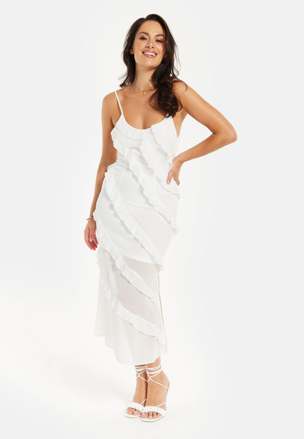 Liquorish Women's Midi Dress With Adjustable Sleeves In White - Elegant Frill Design By Liquorish