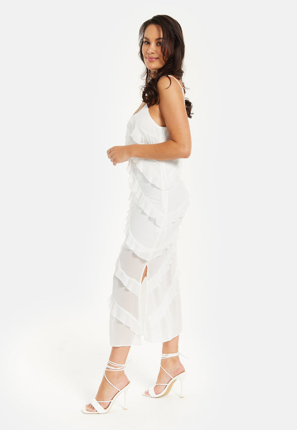 Liquorish Women's Midi Dress With Adjustable Sleeves In White - Elegant Frill Design By Liquorish