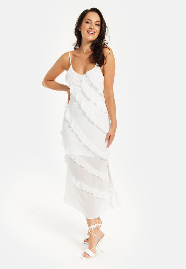 Liquorish Women's Midi Dress With Adjustable Sleeves In White - Elegant Frill Design By Liquorish