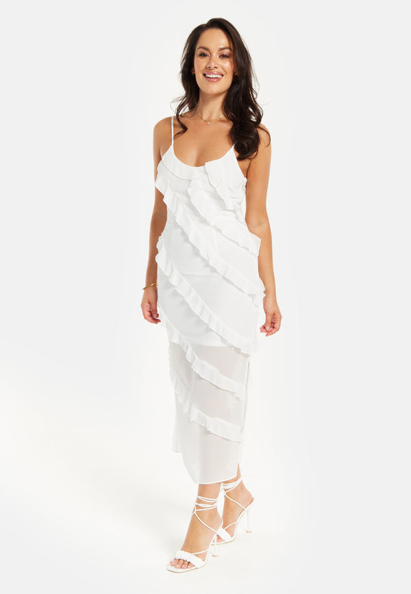 Liquorish Women's Midi Dress with Adjustable Sleeves in White - Elegant Frill Design by Liquorish