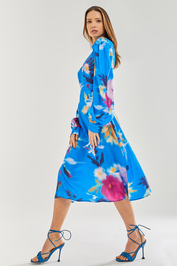 Liquorish Women's Midi Dress With Balloon Sleeves In Blue Floral Satin - Stylish Cut Out Back By Liquorish