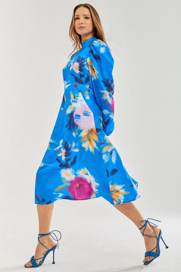 Liquorish Women's Midi Dress With Balloon Sleeves In Blue Floral Satin - Stylish Cut Out Back By Liquorish