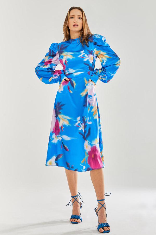 Liquorish Women's Midi Dress with Balloon Sleeves in Blue Floral Satin - Stylish Cut Out Back by Liquorish