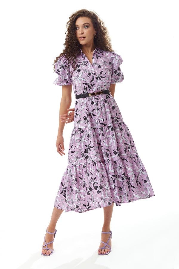 Liquorish Women's Midi Dress With Balloon Sleeves In Lilac - Floral Print Button Up Style By Liquorish