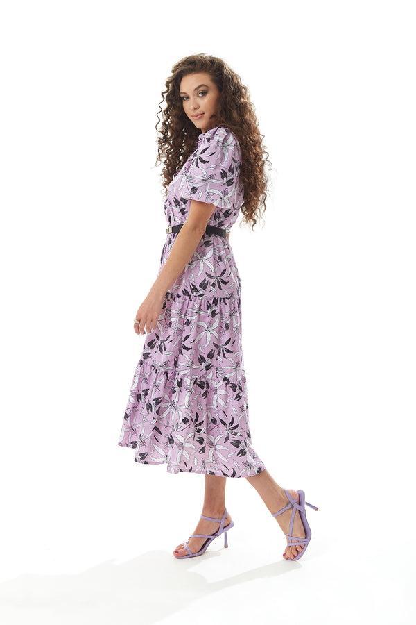 Liquorish Women's Midi Dress With Balloon Sleeves In Lilac - Floral Print Button Up Style By Liquorish