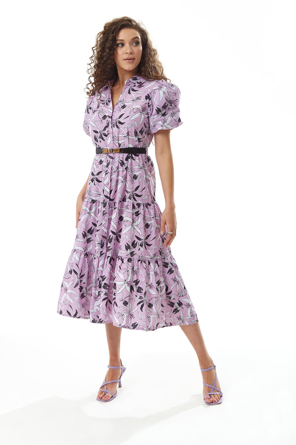 Liquorish Women's Midi Dress with Balloon Sleeves in Lilac - Floral Print Button Up Style by Liquorish