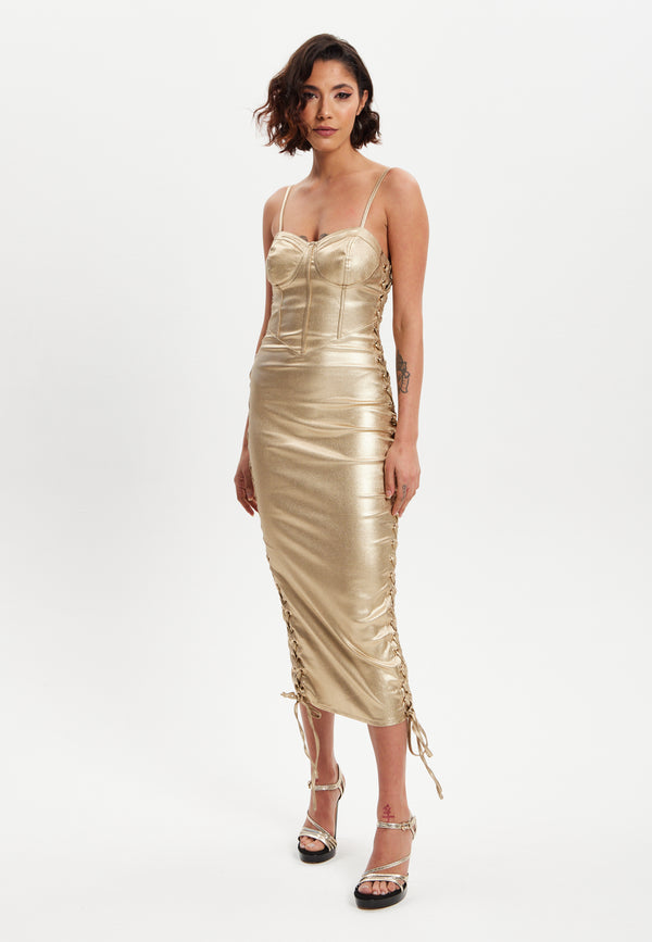Liquorish Women’s Midi Dress with Corset Style Metallic Foil Gold Lycra Eyelet Details Bodycon Fit