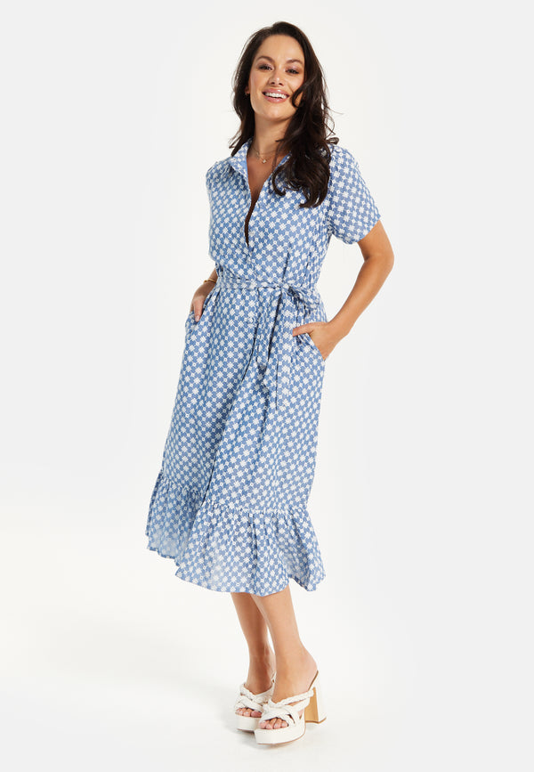 Liquorish Women’s Midi Dress With Floral Embroidery Self-Tie Waist Breathable Short Sleeves Tiered Ruffle Hem And Functional Pockets