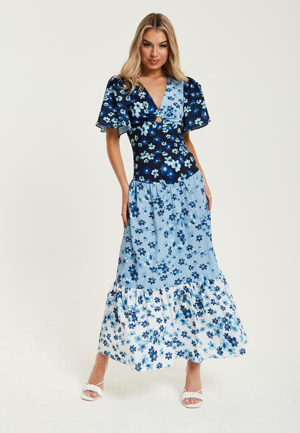 Liquorish Women's Midi Dress With Floral Print In Blue Navy And White Short Sleeves - Liquorish