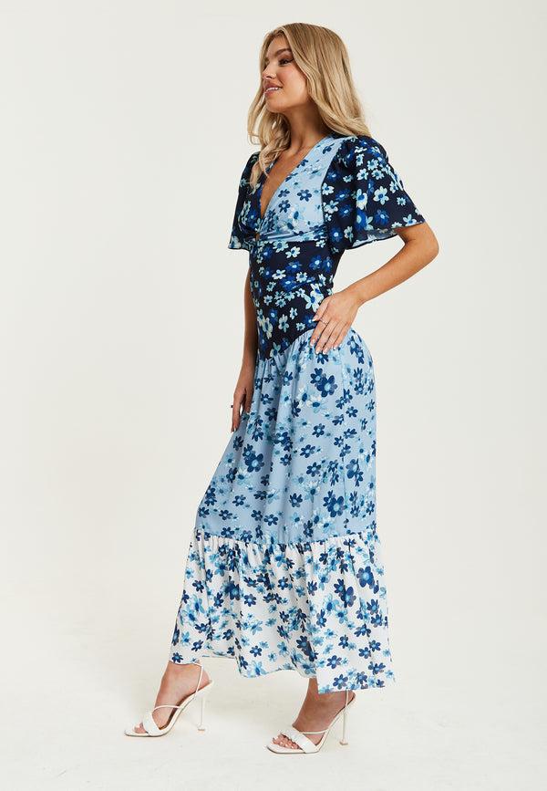 Liquorish Women's Midi Dress With Floral Print In Blue Navy And White Short Sleeves - Liquorish