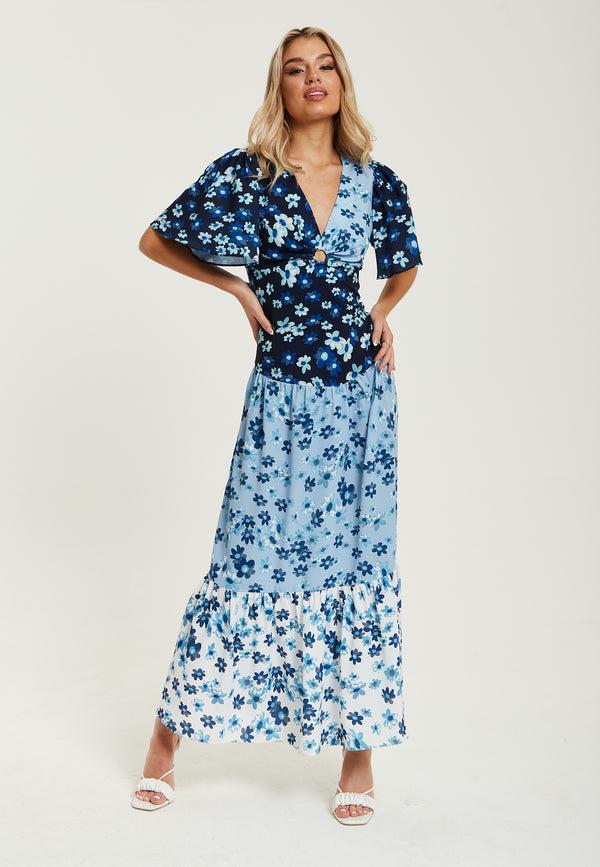 Liquorish Women's Midi Dress with Floral Print in Blue Navy and White Short Sleeves - Liquorish