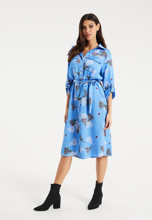 Liquorish Women’s Midi Dress With Floral Print Light Blue Chic Shirt Design Waist Tie Detail Full-Length Sleeves