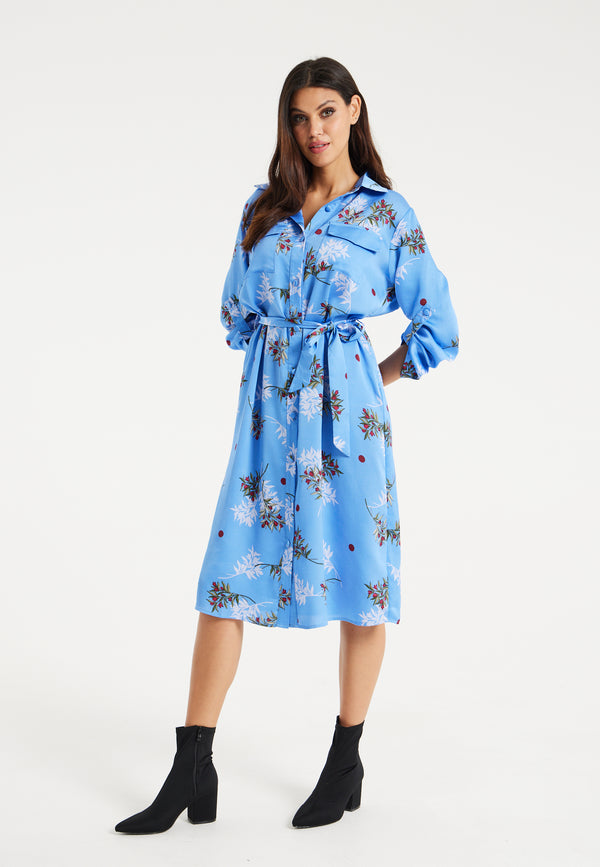 Liquorish Women’s Midi Dress With Floral Print Light Blue Chic Shirt Design Waist Tie Detail Full-Length Sleeves