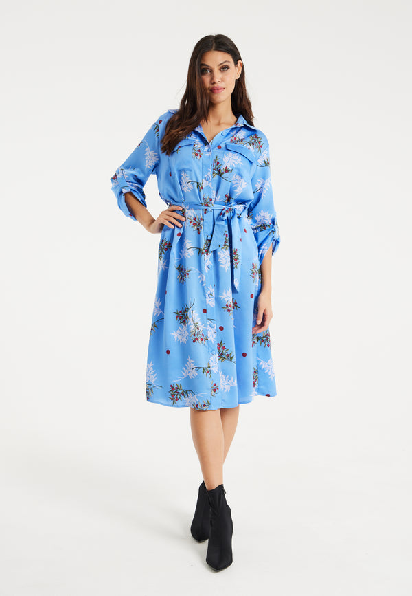 Liquorish Women’s Midi Dress With Floral Print Light Blue Chic Shirt Design Waist Tie Detail Full-Length Sleeves