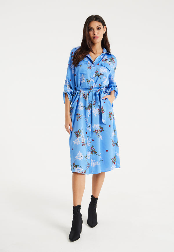 Liquorish Women’s Midi Dress with Floral Print Light Blue Chic Shirt Design Waist Tie Detail Full-Length Sleeves