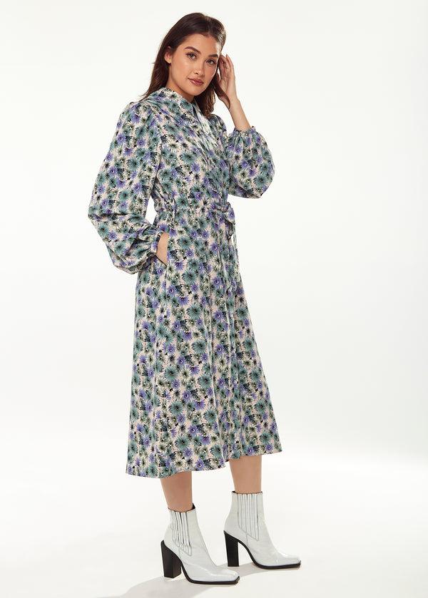 Liquorish Women's Midi Dress With Floral Print Peter Pan Collar Balloon Long Sleeves Self-Fabric Waist Belt Button-Up Front