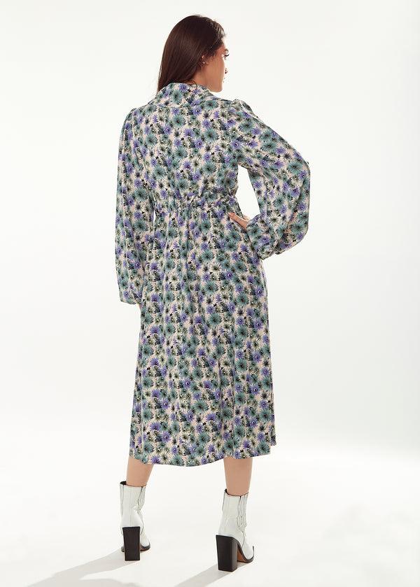 Liquorish Women's Midi Dress With Floral Print Peter Pan Collar Balloon Long Sleeves Self-Fabric Waist Belt Button-Up Front