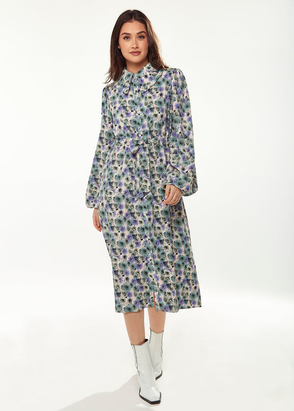 Liquorish Women's Midi Dress With Floral Print Peter Pan Collar Balloon Long Sleeves Self-Fabric Waist Belt Button-Up Front