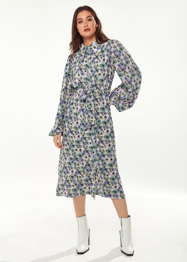 Liquorish Women's Midi Dress with Floral Print Peter Pan Collar Balloon Long Sleeves Self-Fabric Waist Belt Button-Up Front