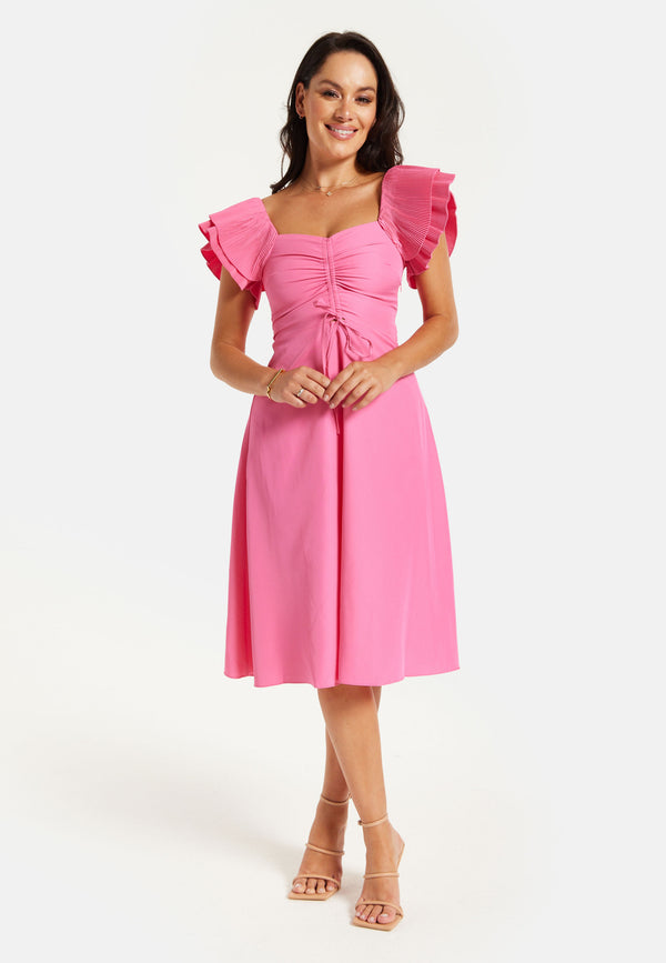 Liquorish Women's Midi Dress With Frill Sleeves And Ruching Front In Pink - Regular Fit By Liquorish