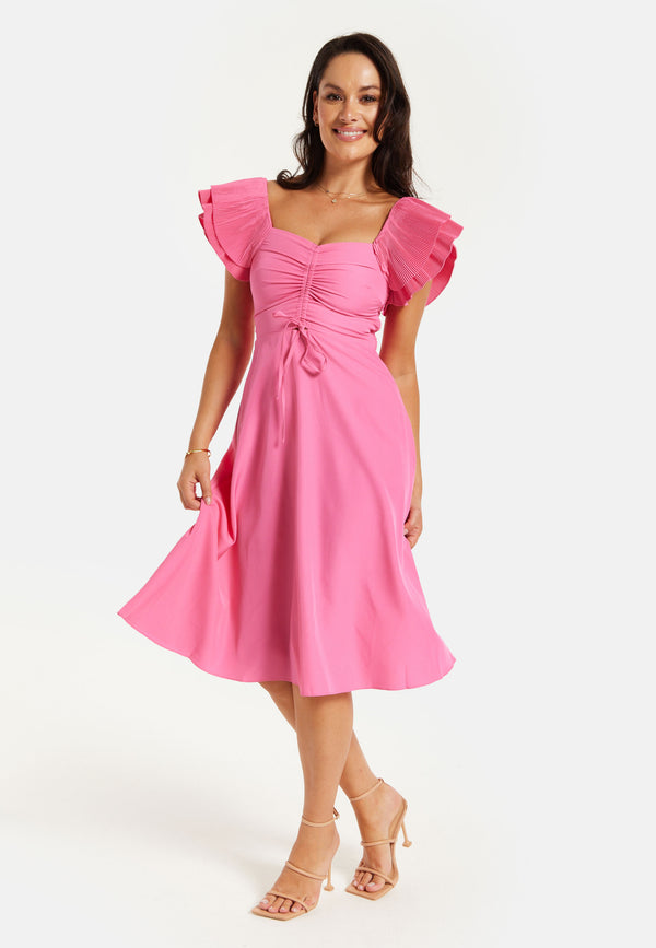 Liquorish Women's Midi Dress With Frill Sleeves And Ruching Front In Pink - Regular Fit By Liquorish