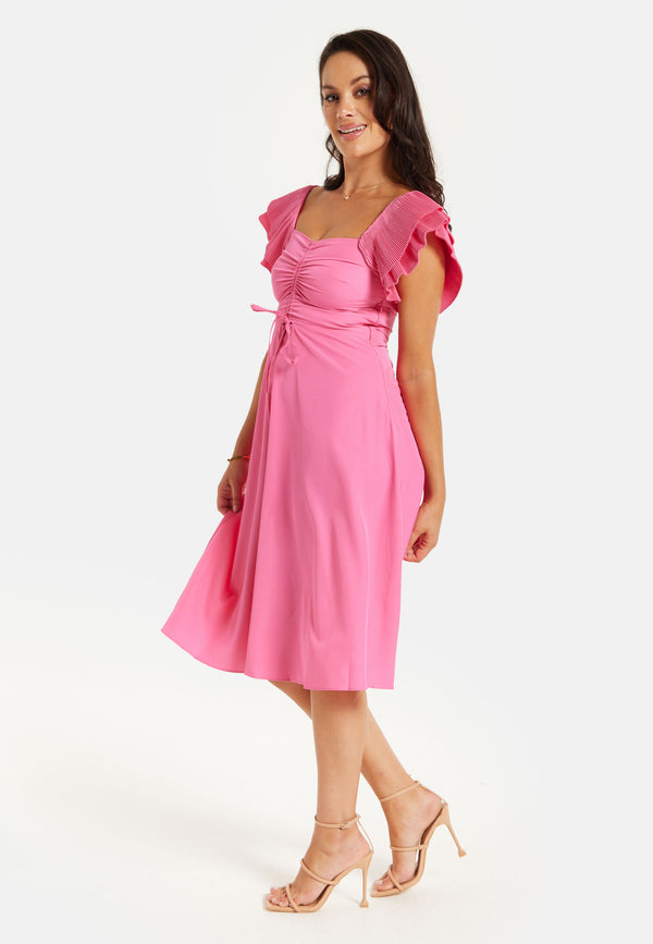 Liquorish Women's Midi Dress With Frill Sleeves And Ruching Front In Pink - Regular Fit By Liquorish