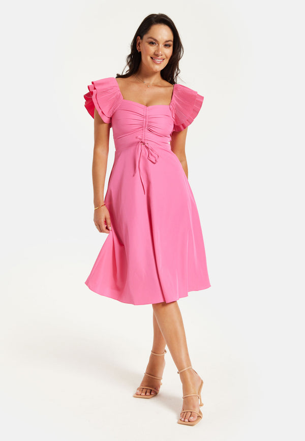 Liquorish Women's Midi Dress with Frill Sleeves and Ruching Front in Pink - Regular Fit by Liquorish