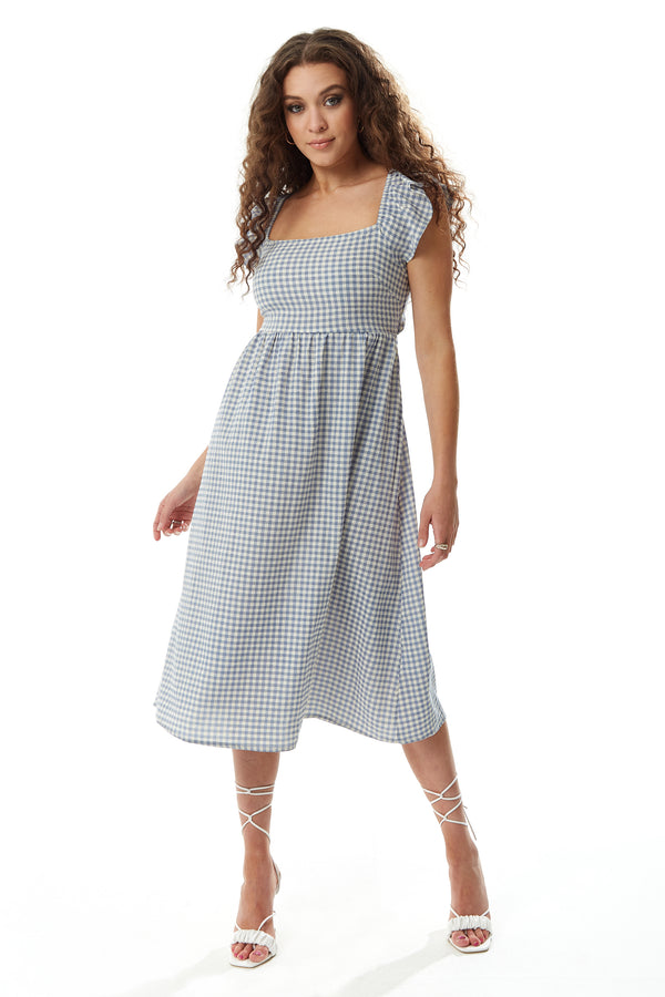 Liquorish Women's Midi Dress With Frill Sleeves In Blue And Cream Gingham - Cut Out Back And Tie Detail By Liquorish
