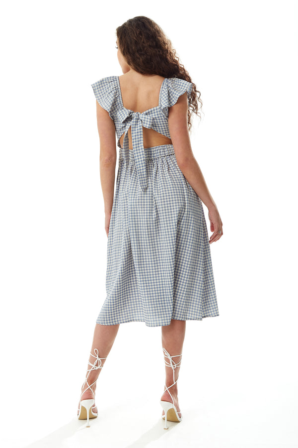 Liquorish Women's Midi Dress With Frill Sleeves In Blue And Cream Gingham - Cut Out Back And Tie Detail By Liquorish