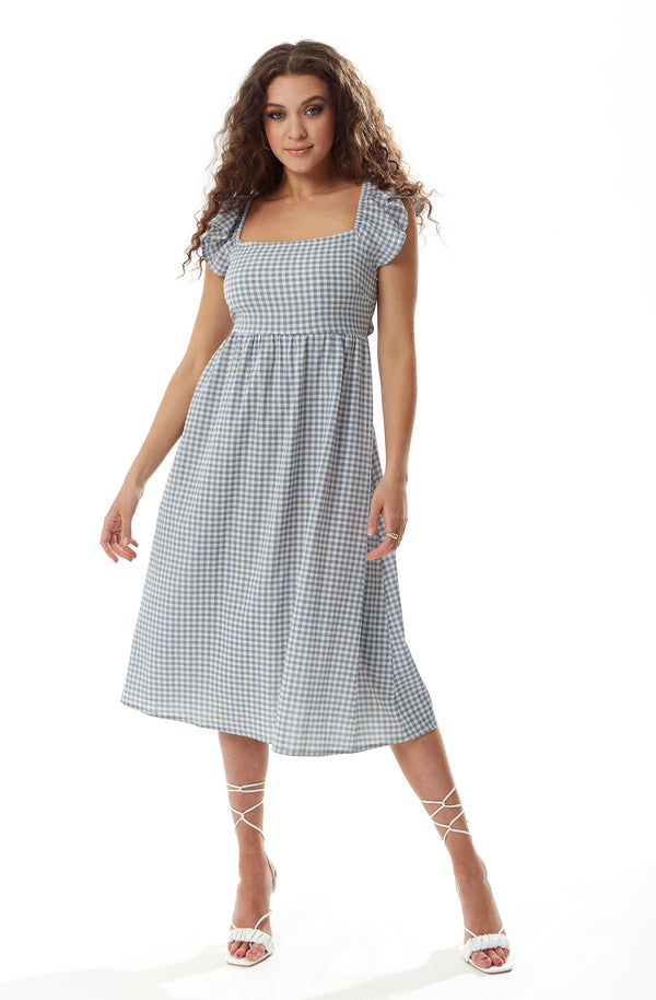 Liquorish Women's Midi Dress with Frill Sleeves in Blue and Cream Gingham - Cut Out Back and Tie Detail by Liquorish