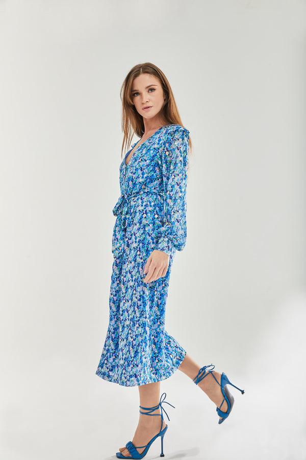 Liquorish Women's Midi Dress With Frill Sleeves In Blue - Floral & Foil Print By Liquorish