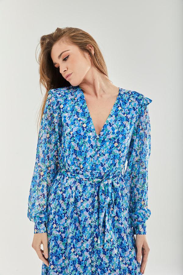 Liquorish Women's Midi Dress With Frill Sleeves In Blue - Floral & Foil Print By Liquorish
