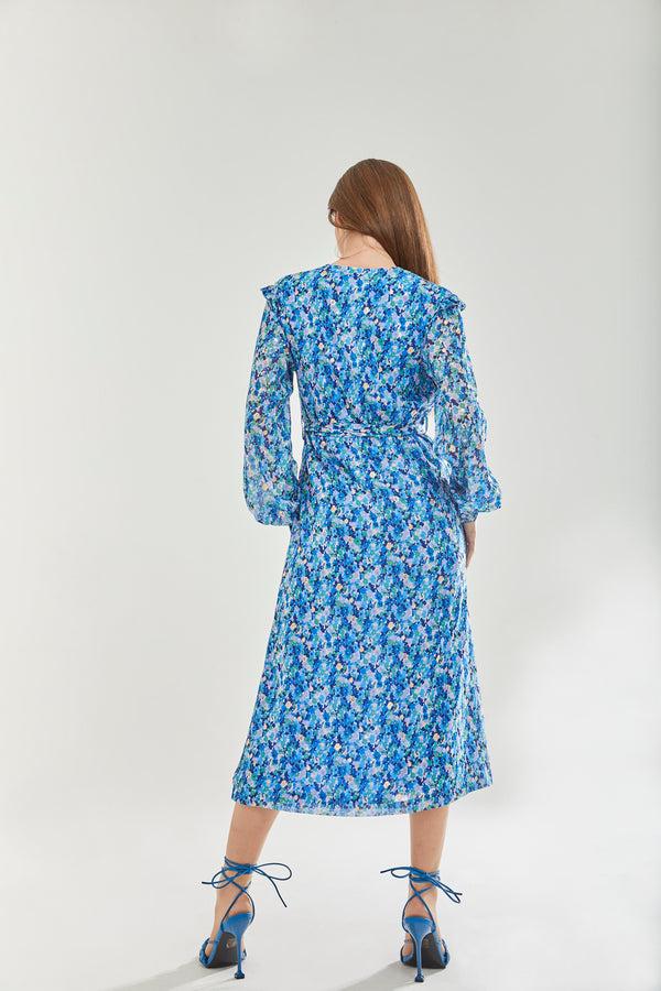 Liquorish Women's Midi Dress With Frill Sleeves In Blue - Floral & Foil Print By Liquorish