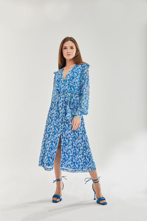 Liquorish Women's Midi Dress with Frill Sleeves in Blue - Floral & Foil Print by Liquorish