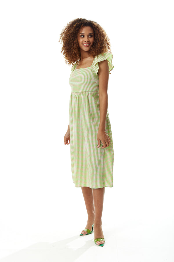 Liquorish Women's Midi Dress With Frill Sleeves In Green Gingham - Cut Out Back And Tie Detail By Liquorish
