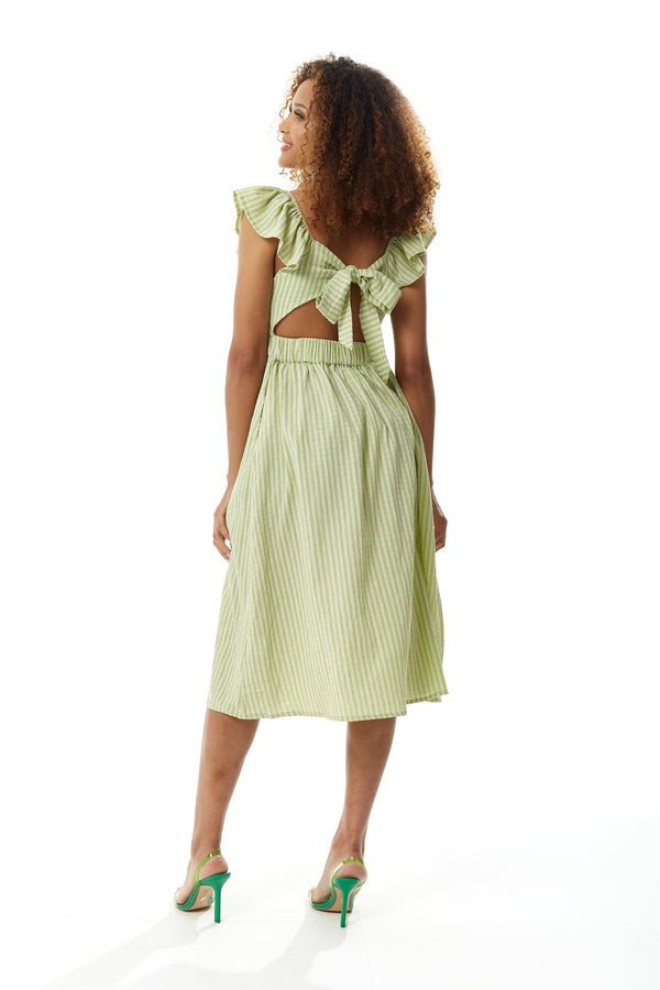 Liquorish Women's Midi Dress With Frill Sleeves In Green Gingham - Cut Out Back And Tie Detail By Liquorish