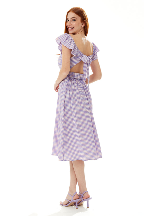 Liquorish Women's Midi Dress With Frill Sleeves In Lilac Gingham - Stylish Cut Out Back By Liquorish
